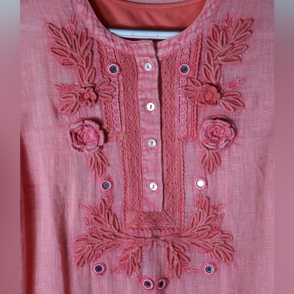 Soft Surroundings Coral Pink Embroidered Boho Tunic Top Mirror Fringe Small - Picture 3 of 16
